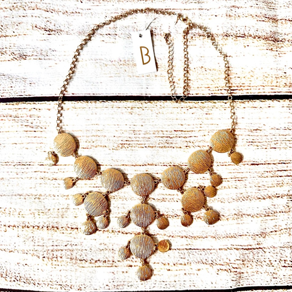 NWT 25” Bancroft Gold Tone Textured Disc Dangle Statement Necklace